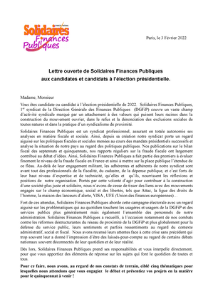 Lettre ouverte de Solidaires Finances Publiques aux candidates et candidats à l’élection présidentielle